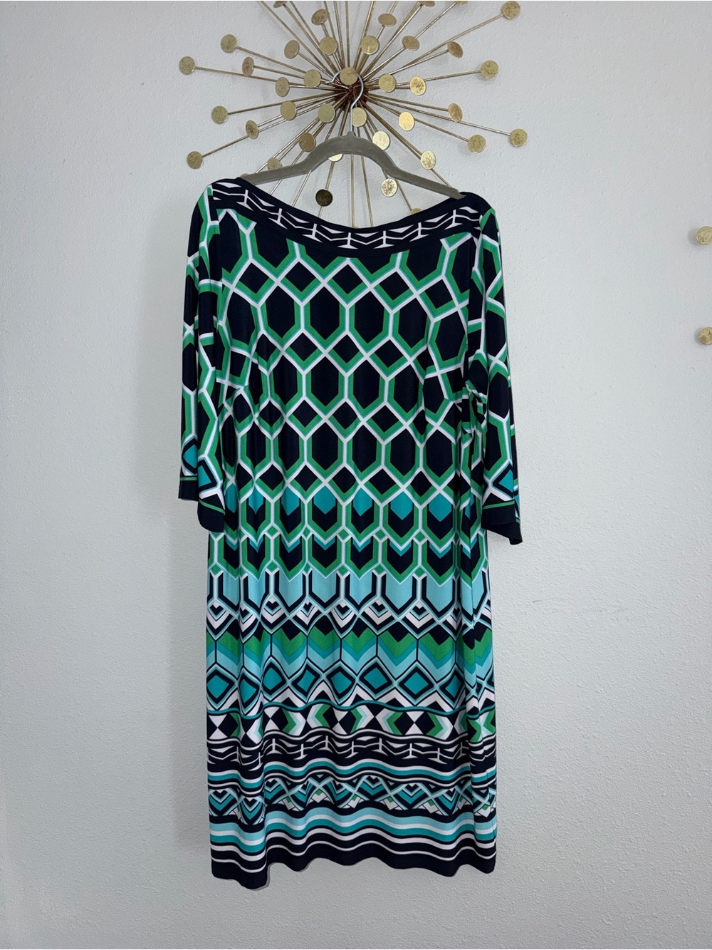 Geometric Green & Aqua Midi Dress with Boat Neck